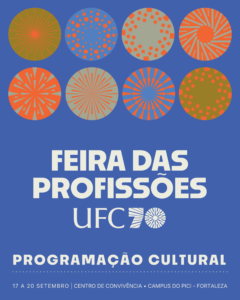 Imagem em fundo azul com ícones da identidade visual da feira das profissões. 