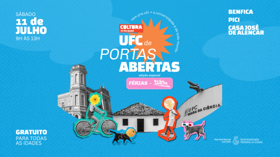 Banner em fundo azul com os elementos da identidade visual do Projeto UFC de Portas Abertas.